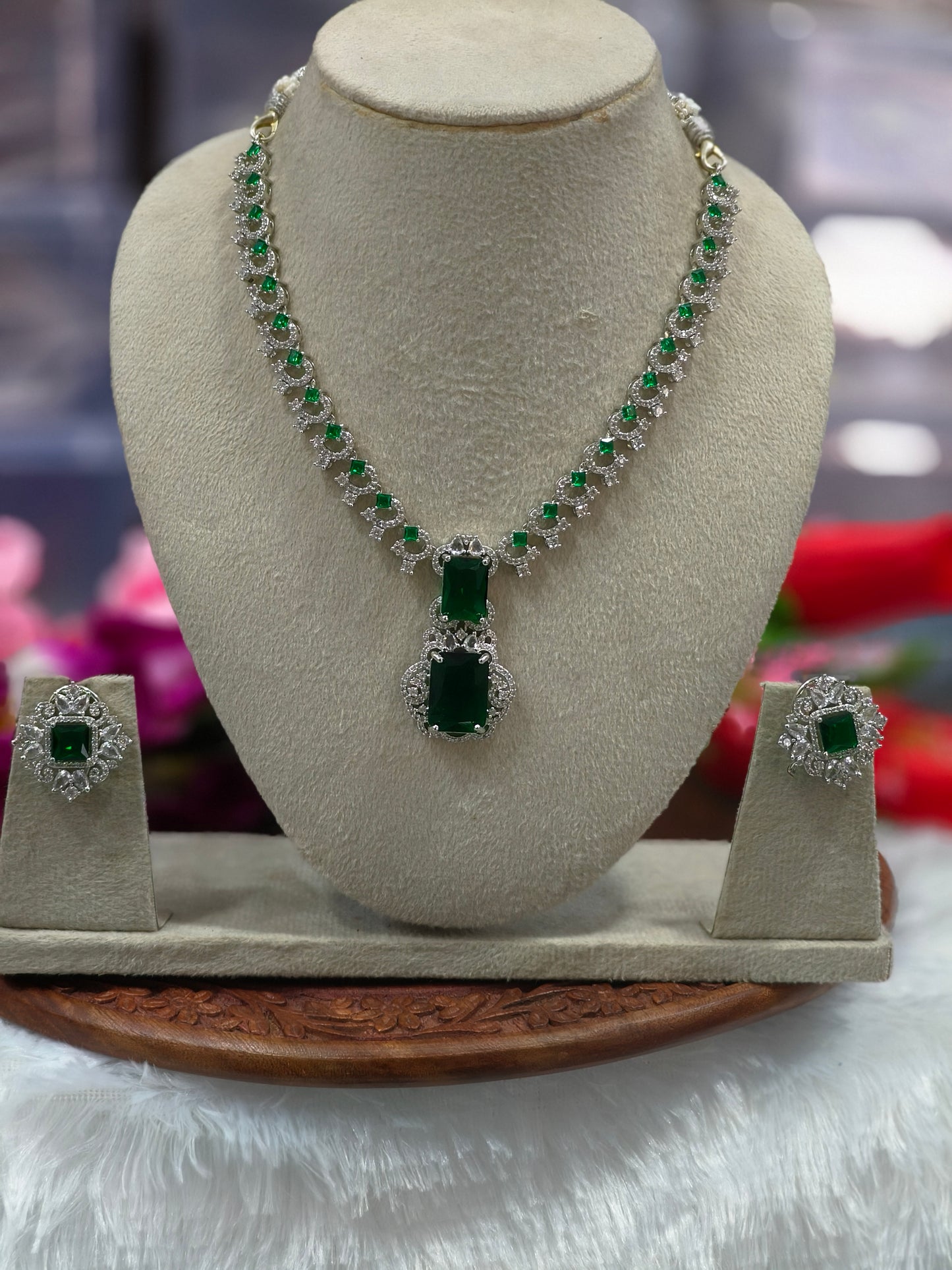 SILVER FINISH WITH GREEN STONE