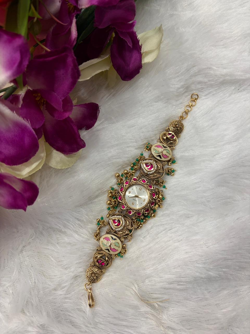 Ruby with green bead work heritage watch